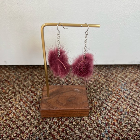 Purple wine merlot fuzzy puff ball earrings dangle fur soft lightweight unique - Picture 1 of 4